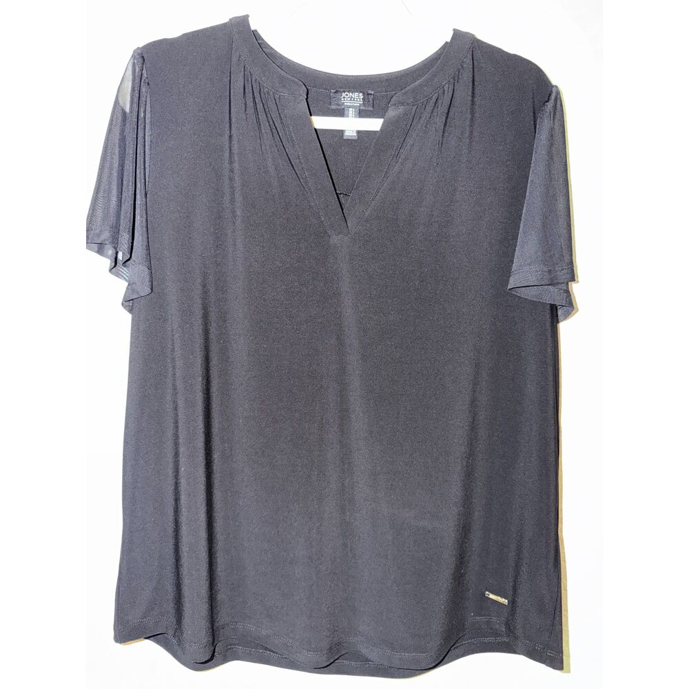 Jones New York Signature Black Mesh Sleeve V-Neck Blouse Top Size L Career - Picture 2 of 7
